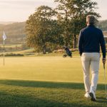 Golfer in his mid-sixties walking towards a flag and golf ball on a putting green, with a golf trolley behind