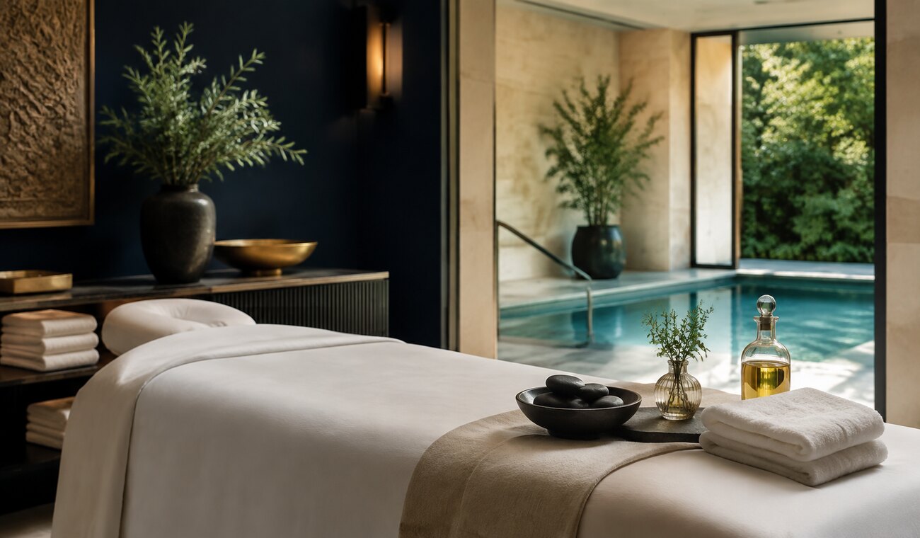 Luxury spa treatment room with massage bed, oils and hydrotherapy pool