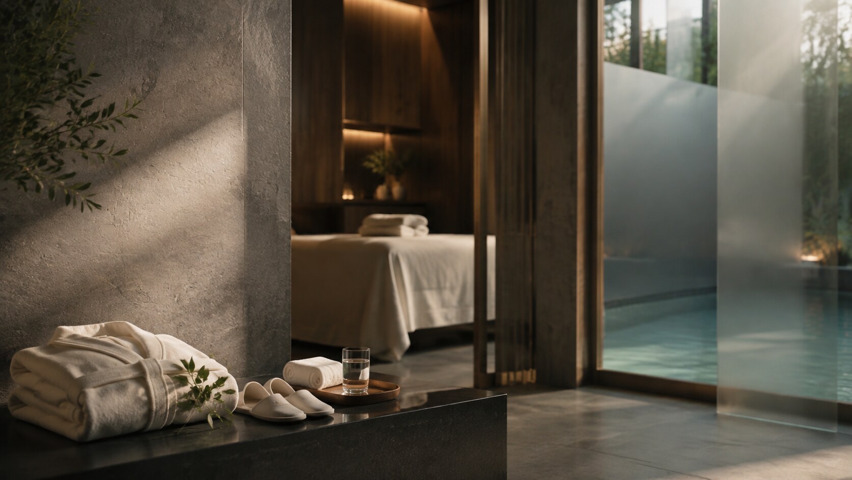 Spa robe, slippers and water beside a quiet treatment room and pool
