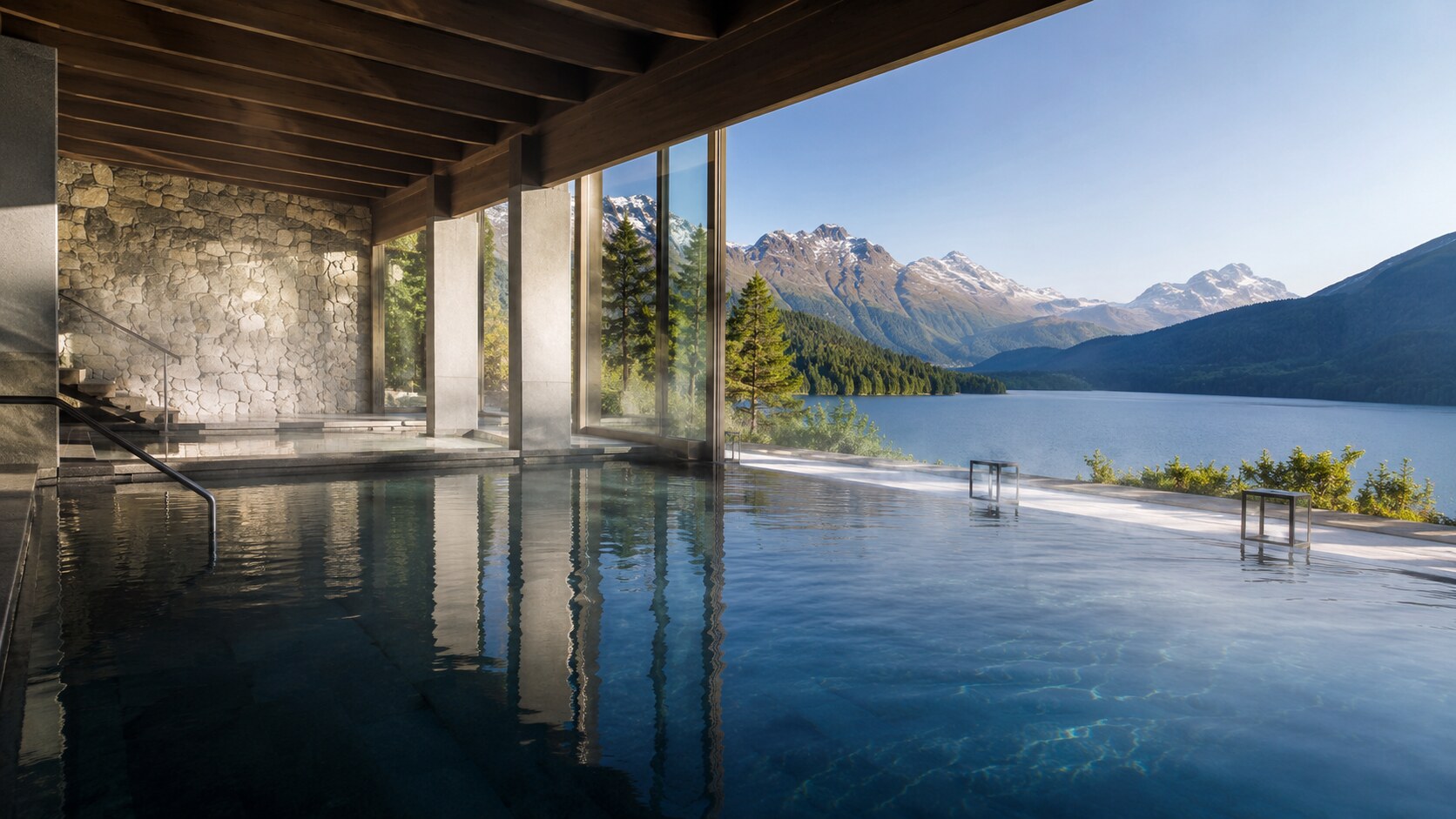 Alpine spa pool overlooking a mountain lake in summer