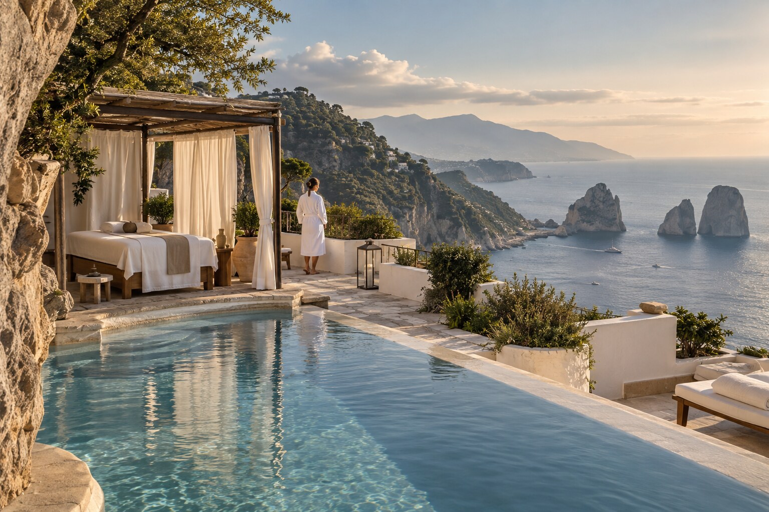 Cliffside wellness pool and treatment terrace overlooking Capri