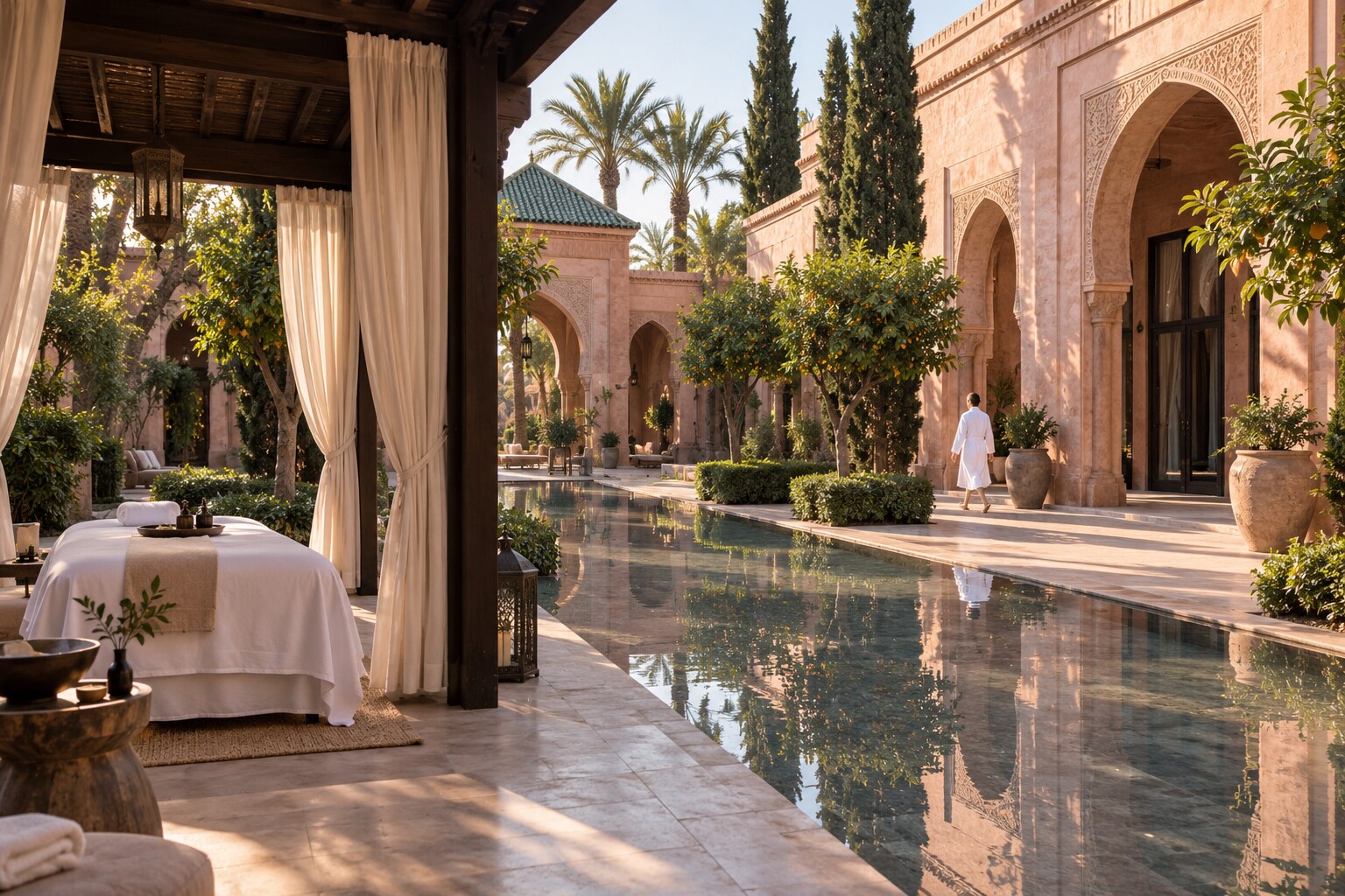 Moroccan wellness courtyard with treatment pavilion and reflecting pool