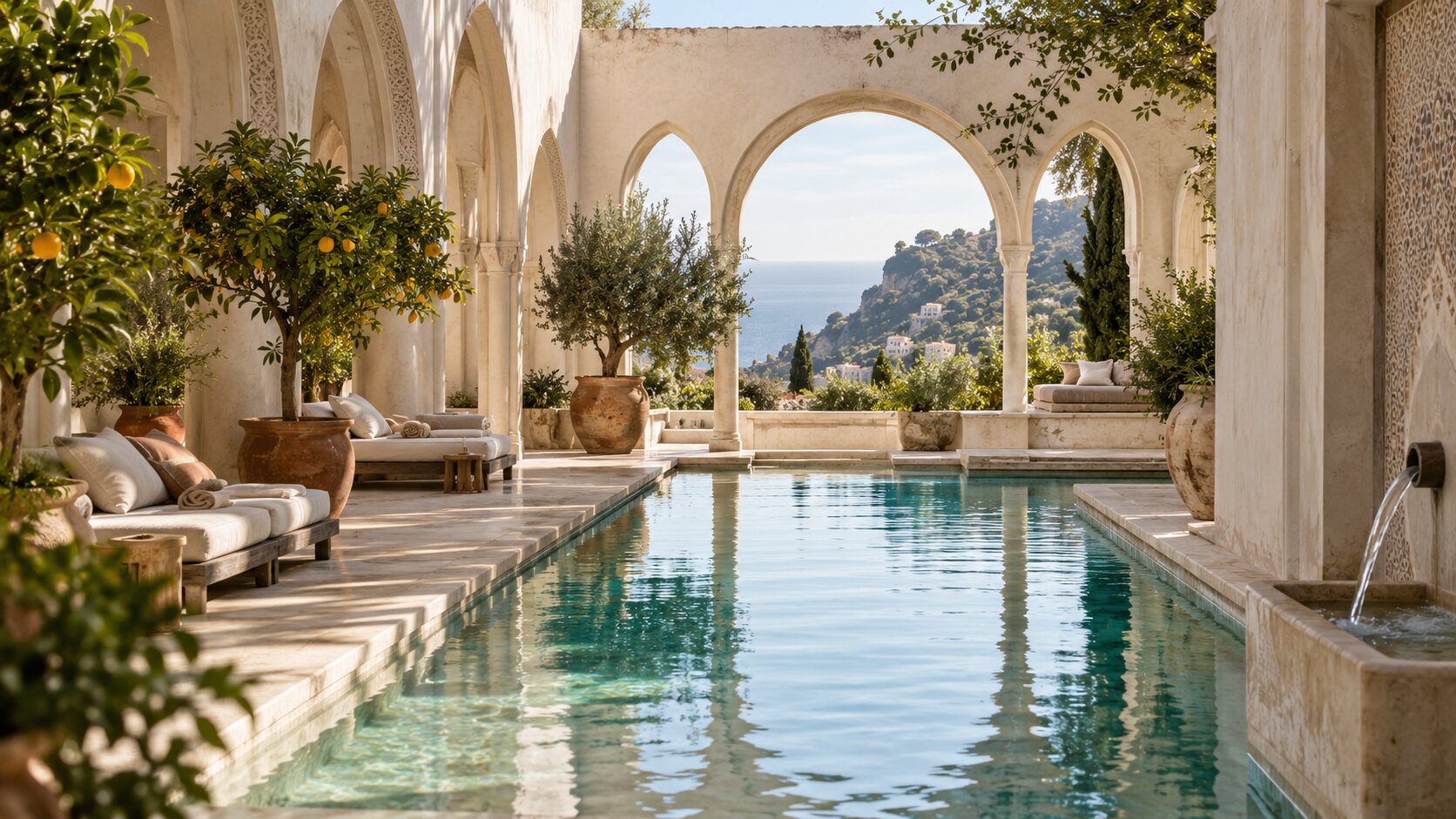 Andalusian courtyard spa with a thermal pool, citrus trees and Mediterranean coastal views