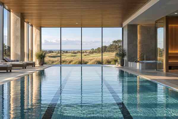 Indoor spa pool overlooking parkland and a golf fairway near the Lancashire coast