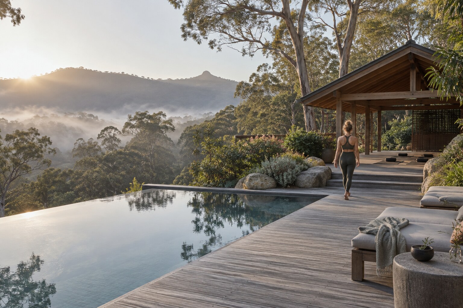 Australian hinterland wellness retreat with infinity pool and yoga pavilion
