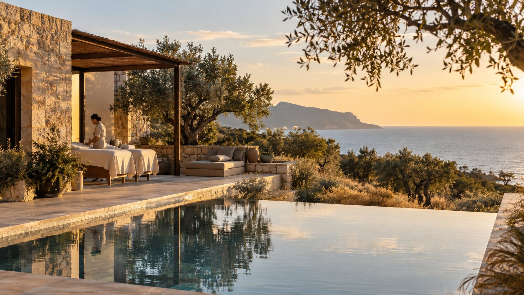 Sicilian coastal spa terrace with treatment beds, an infinity pool and olive groves at sunset