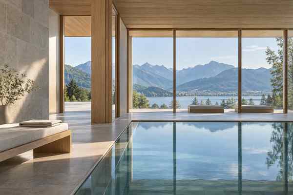 Therapeutic pool overlooking Lake Tegernsee and the Bavarian Alps