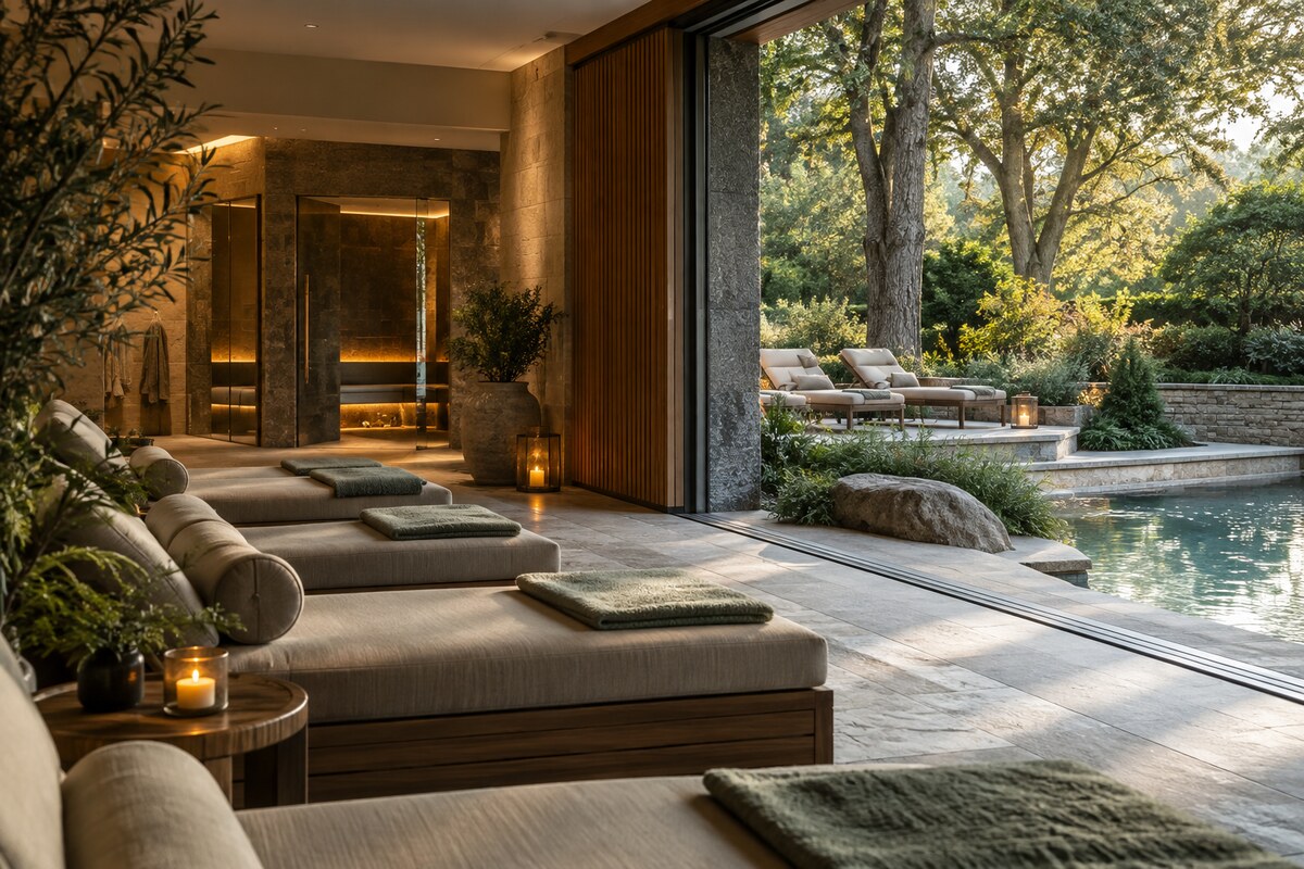 Editorial view of a woodland spa relaxation room opening onto a landscaped garden and pool