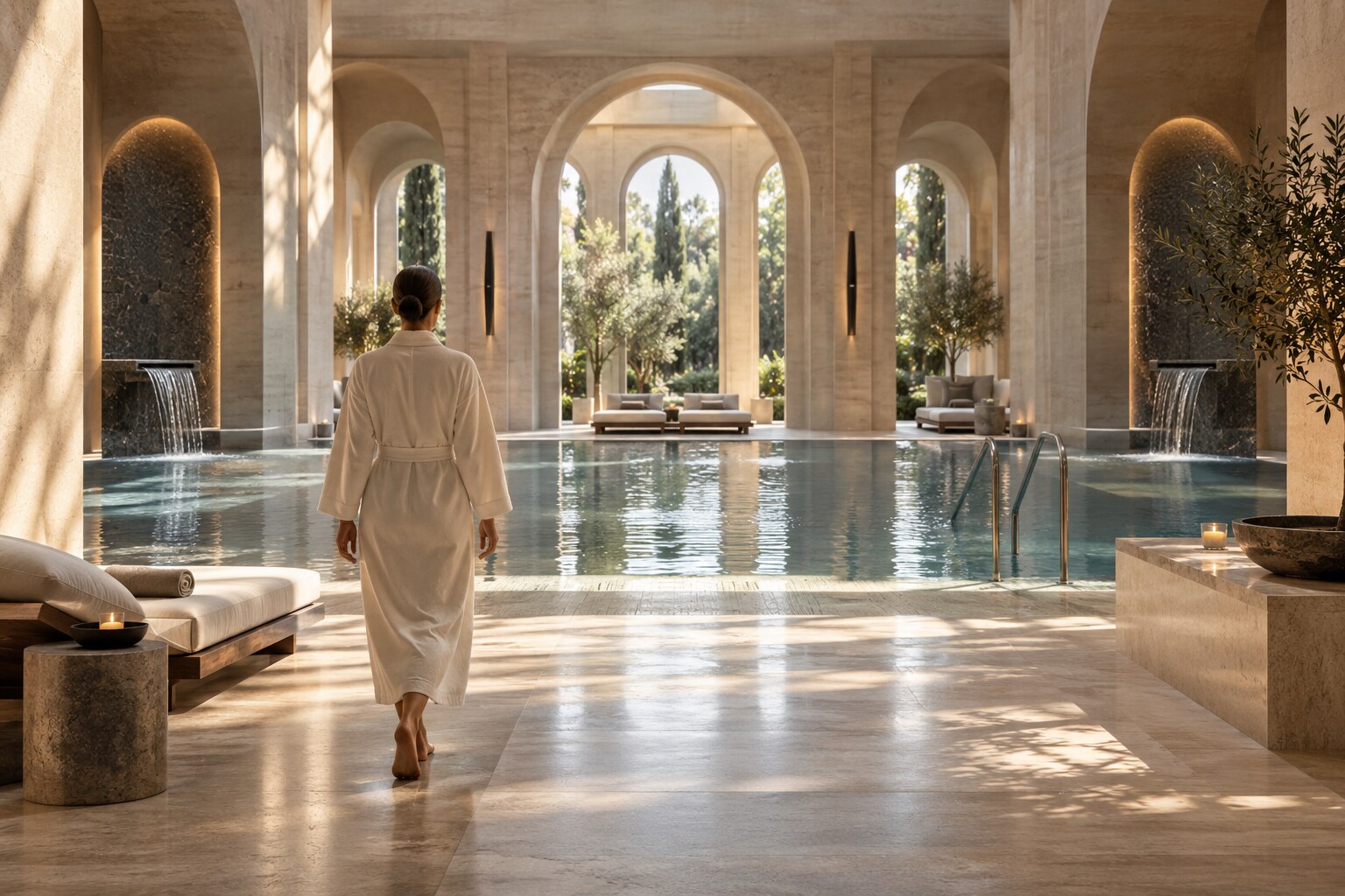 Contemporary hammam-inspired thermal pool at a Mediterranean wellness resort