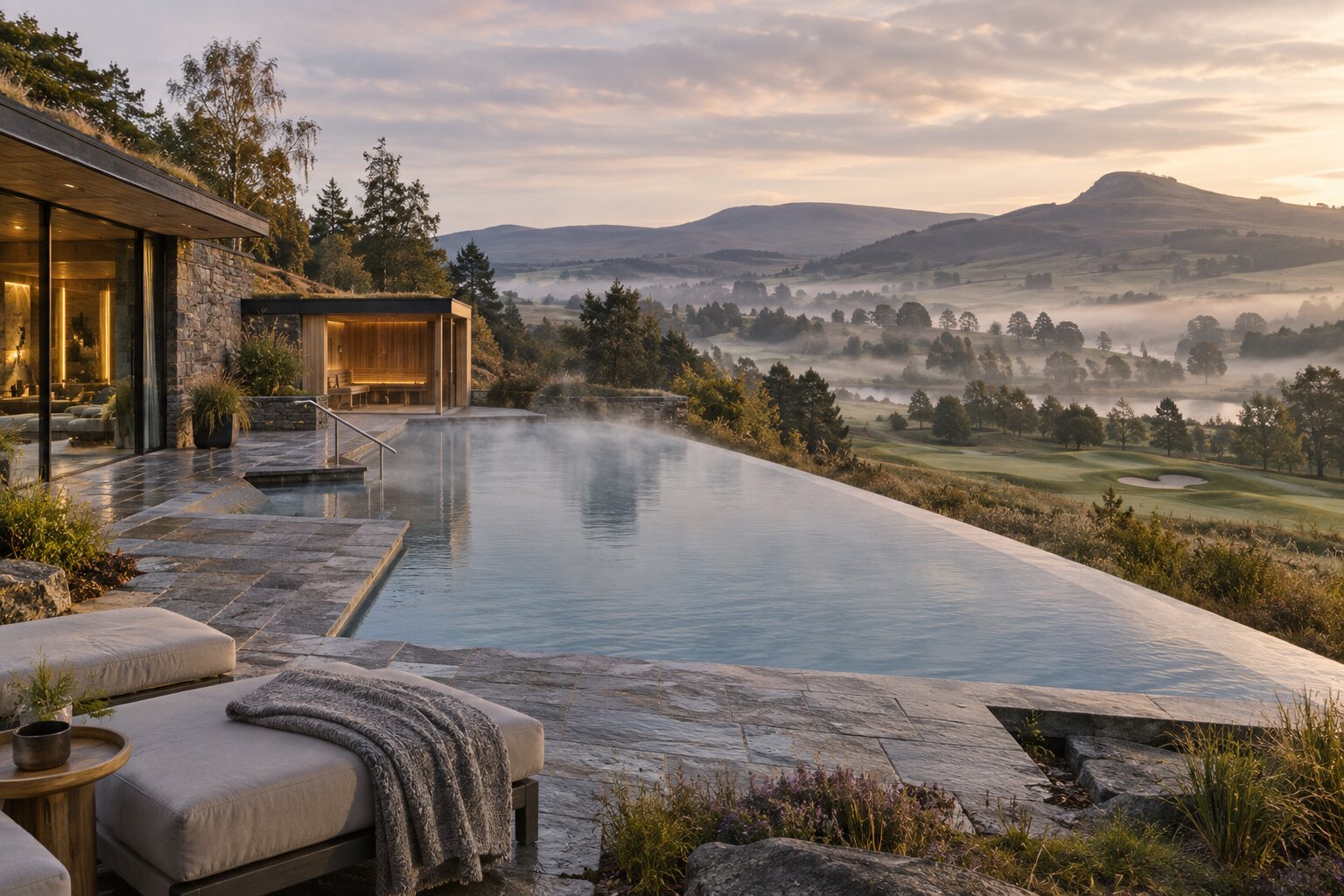 Heated outdoor infinity pool overlooking misty Scottish Borders countryside and a golf course