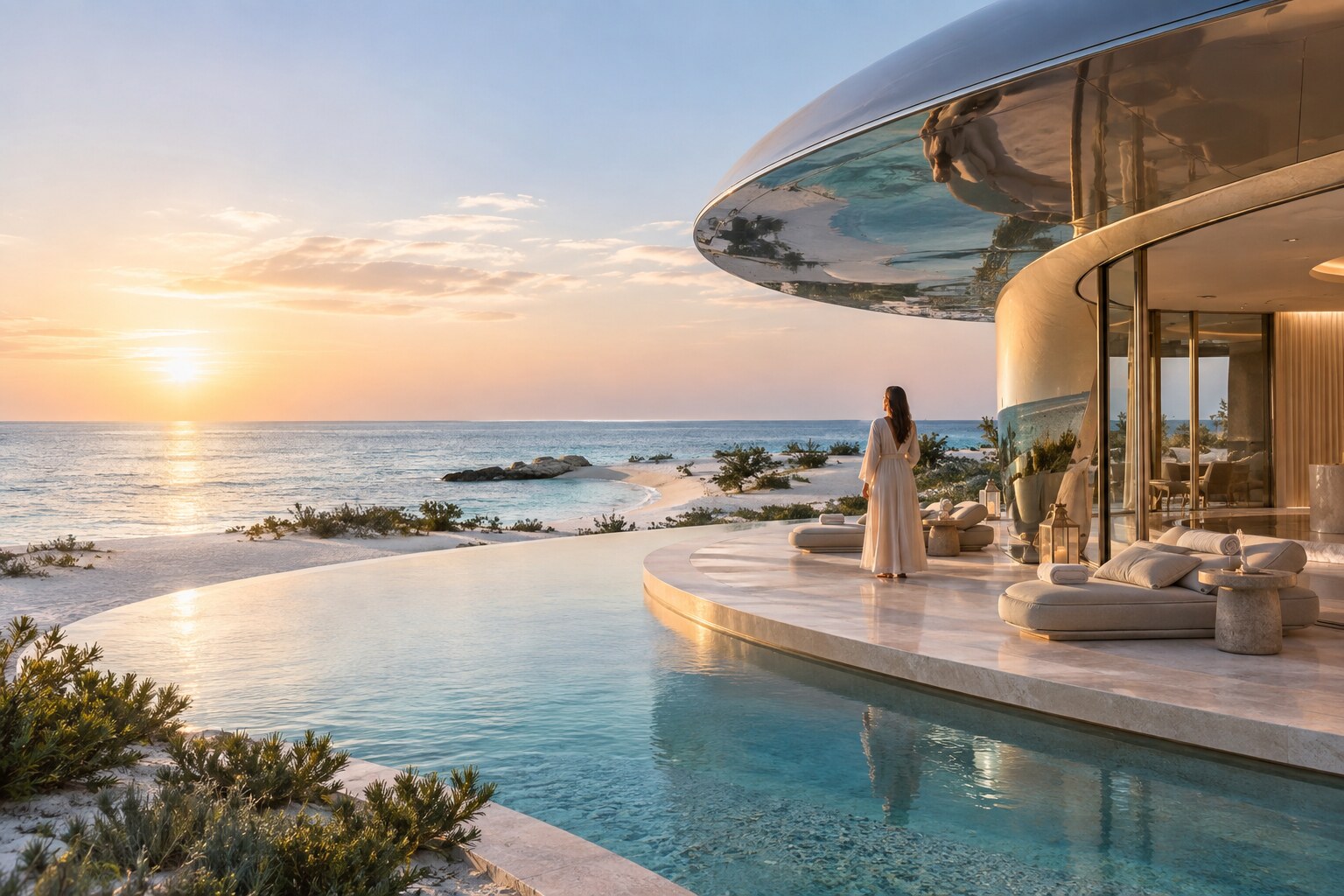 Red Sea island wellness pavilion and pool at sunrise