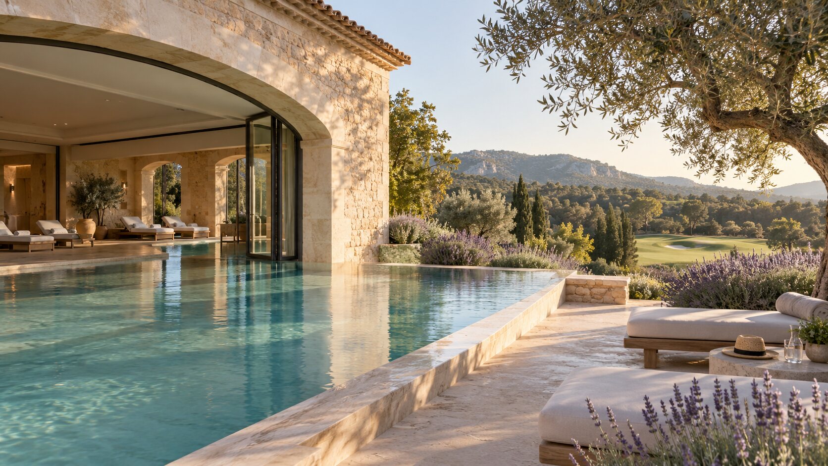 Provençal stone spa and infinity pool overlooking lavender, olive trees and a golf landscape
